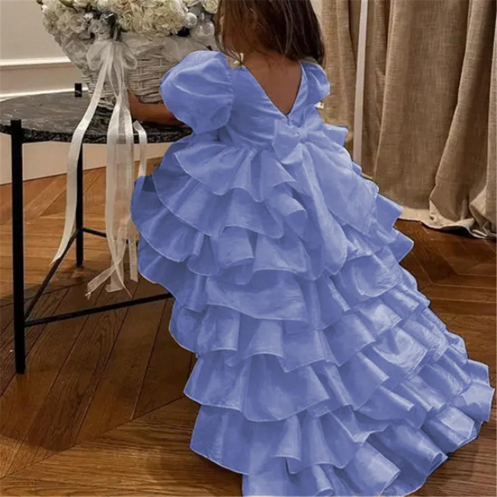 Girl's Birthday Banquet Princess Dress Children's Tail in light blue with ruffles, perfect for young girls' celebrations.