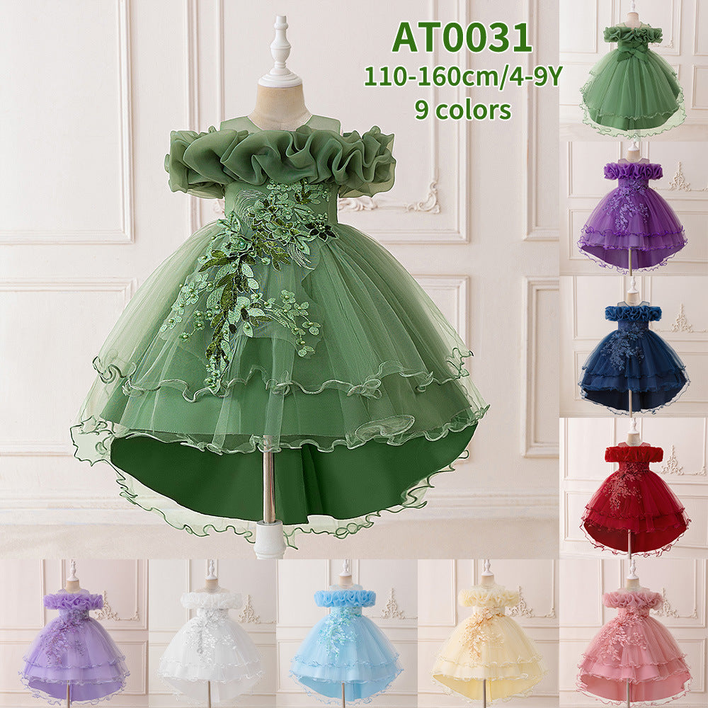 Children's Formal Dress with Train, Flower Girl Wedding Gown, Princess Tutu Tulle Dress, One-Shoulder Evening Gown