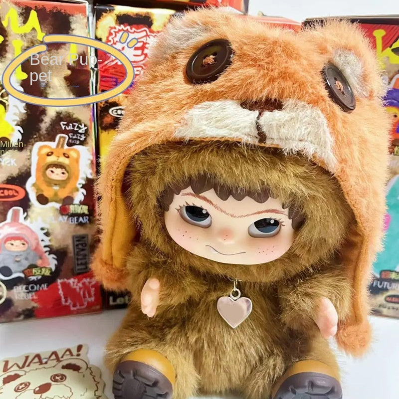 WAKUKU Maomao Trendy Party Series Blind Box Wokuku Handheld Plush Doll in bear costume with plush toys in background.