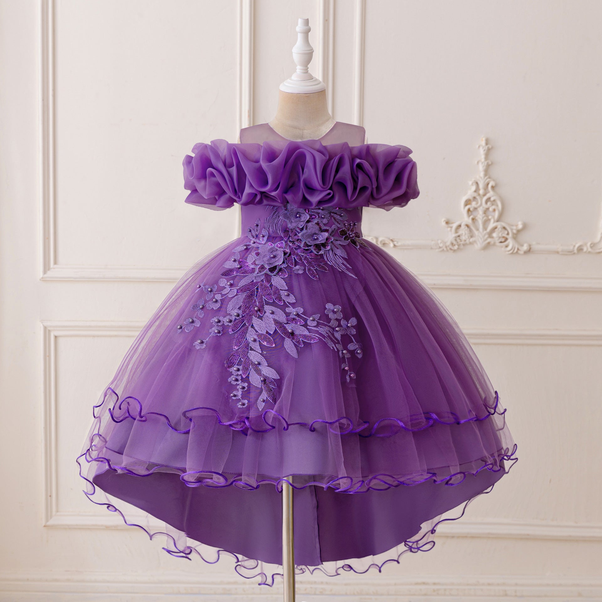 Children's Formal Dress with Train, Flower Girl Wedding Gown, Princess Tutu Tulle Dress, One-Shoulder Evening Gown