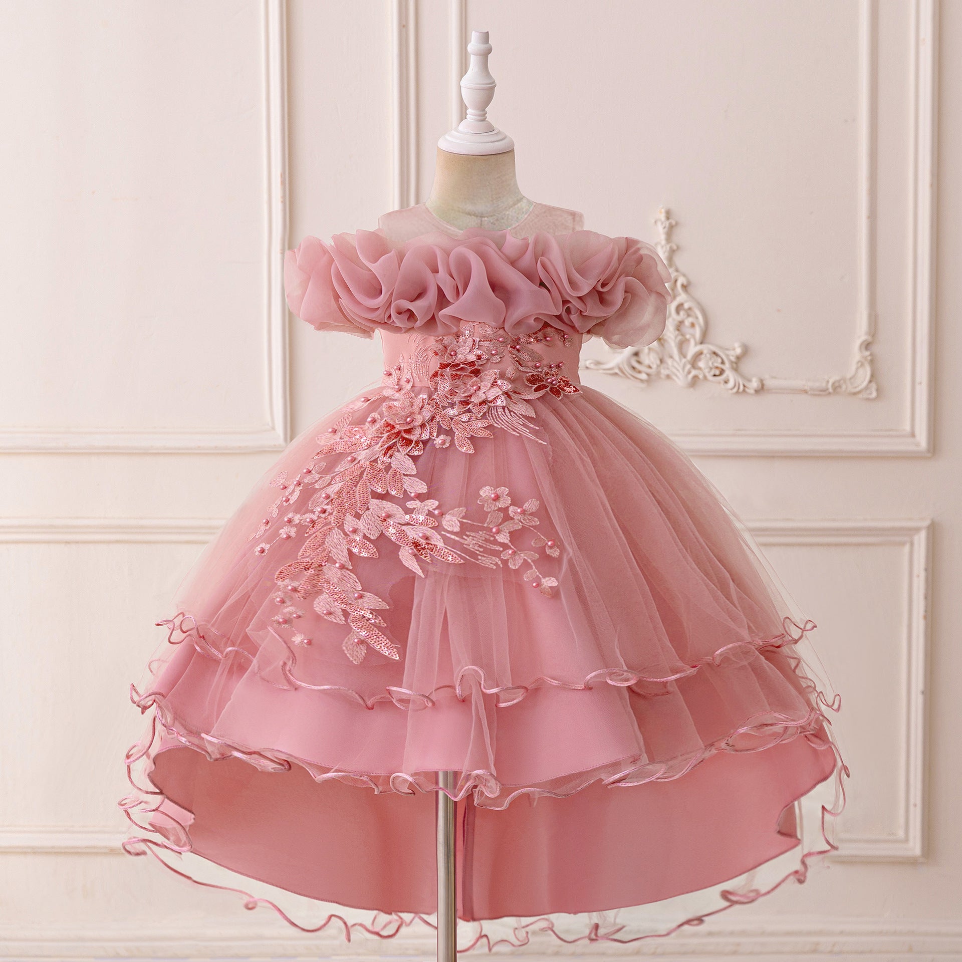 Children's Formal Dress with Train, Flower Girl Wedding Gown, Princess Tutu Tulle Dress, One-Shoulder Evening Gown