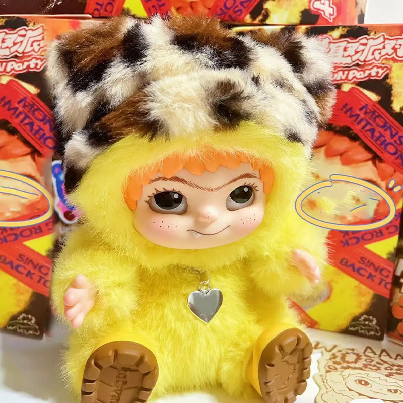 WAKUKU Maomao Trendy Party Series Blind Box Wokuku Handheld Plush Doll in yellow outfit with animal hat.