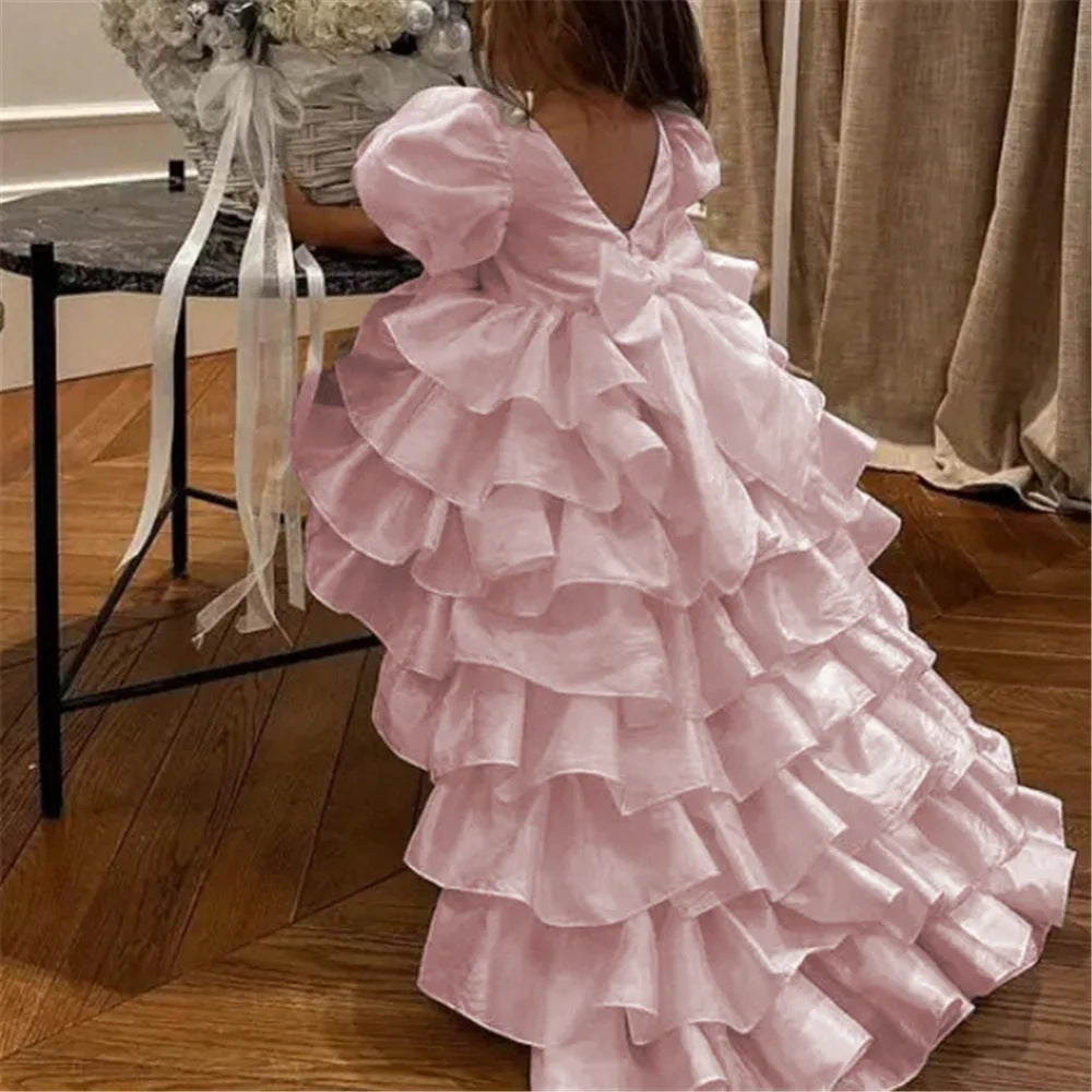 Girl's Birthday Banquet Princess Dress Children's Tail in pink with layered ruffles, perfect for girls' parties.