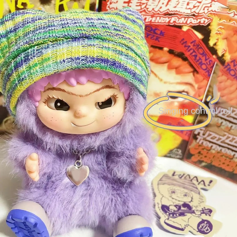 WAKUKU Maomao Trendy Party Series Blind Box Wokuku Handheld Plush Doll wearing a colorful beanie.