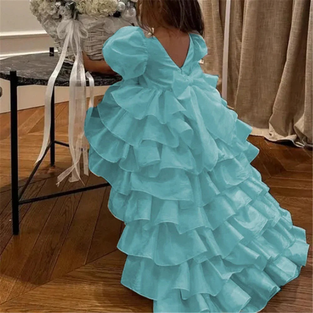 Girl's Birthday Banquet Princess Dress Children's Tail in sky blue with ruffles, perfect for celebrating special occasions.