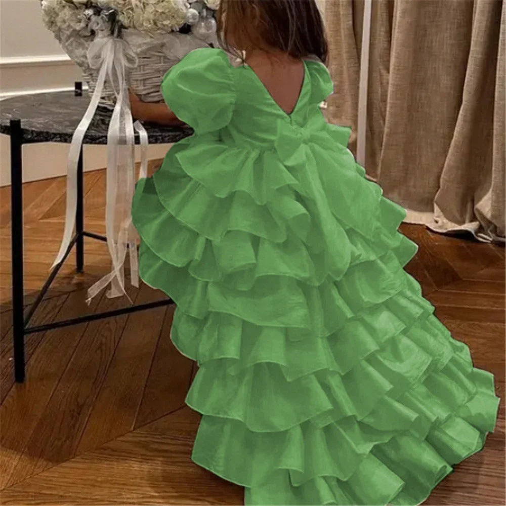 Girl's Birthday Banquet Princess Dress Children's Tail in vibrant green with ruffled layers.