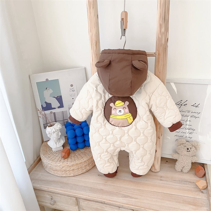 Baby's Winter Clothes Cotton Padded Clothes With Velvet Thickened One-Piece Clothes For Boys Cute Crawling Clothes For Going Out In Winter