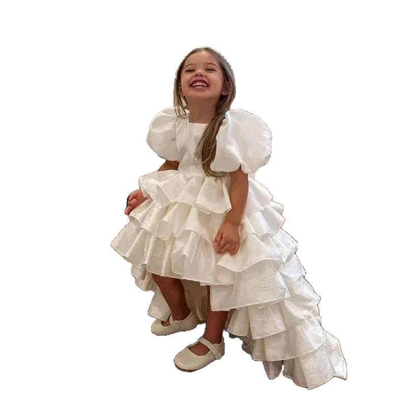 Girl's Birthday Banquet Princess Dress Children's Tail in white with ruffles, perfect for celebrations.