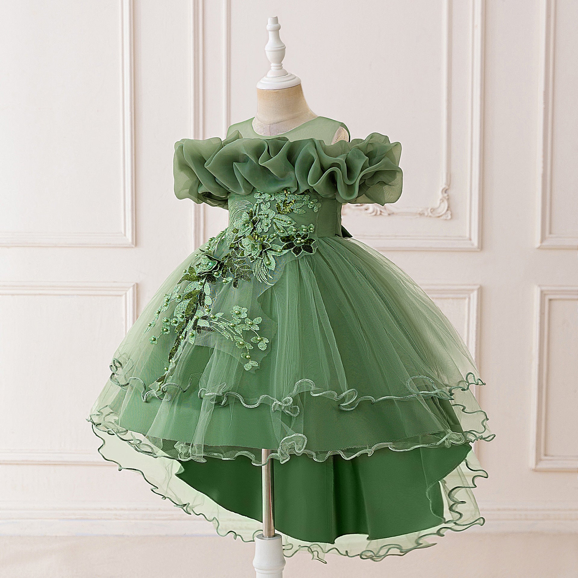 Children's Formal Dress with Train, Flower Girl Wedding Gown, Princess Tutu Tulle Dress, One-Shoulder Evening Gown