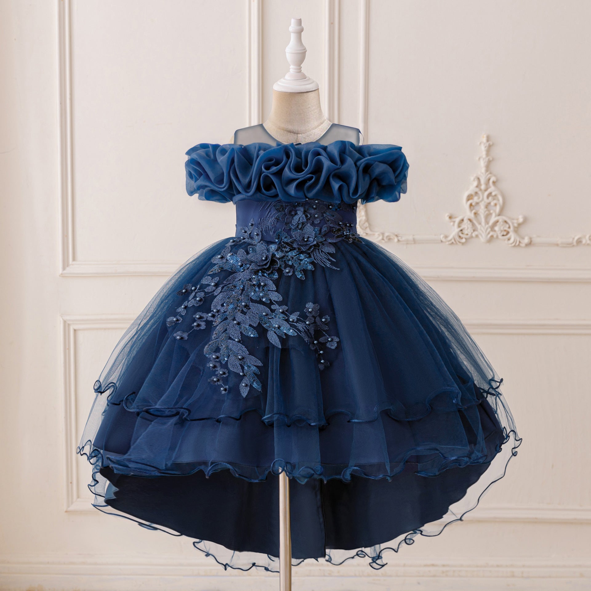 Children's Formal Dress with Train, Flower Girl Wedding Gown, Princess Tutu Tulle Dress, One-Shoulder Evening Gown