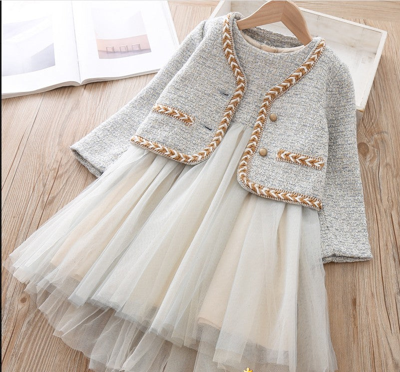 Girls teens party dress chic Dress Suits 2pic Elegant Autumn Winter Fragrance Vest Dress + Jacket dress suit set
