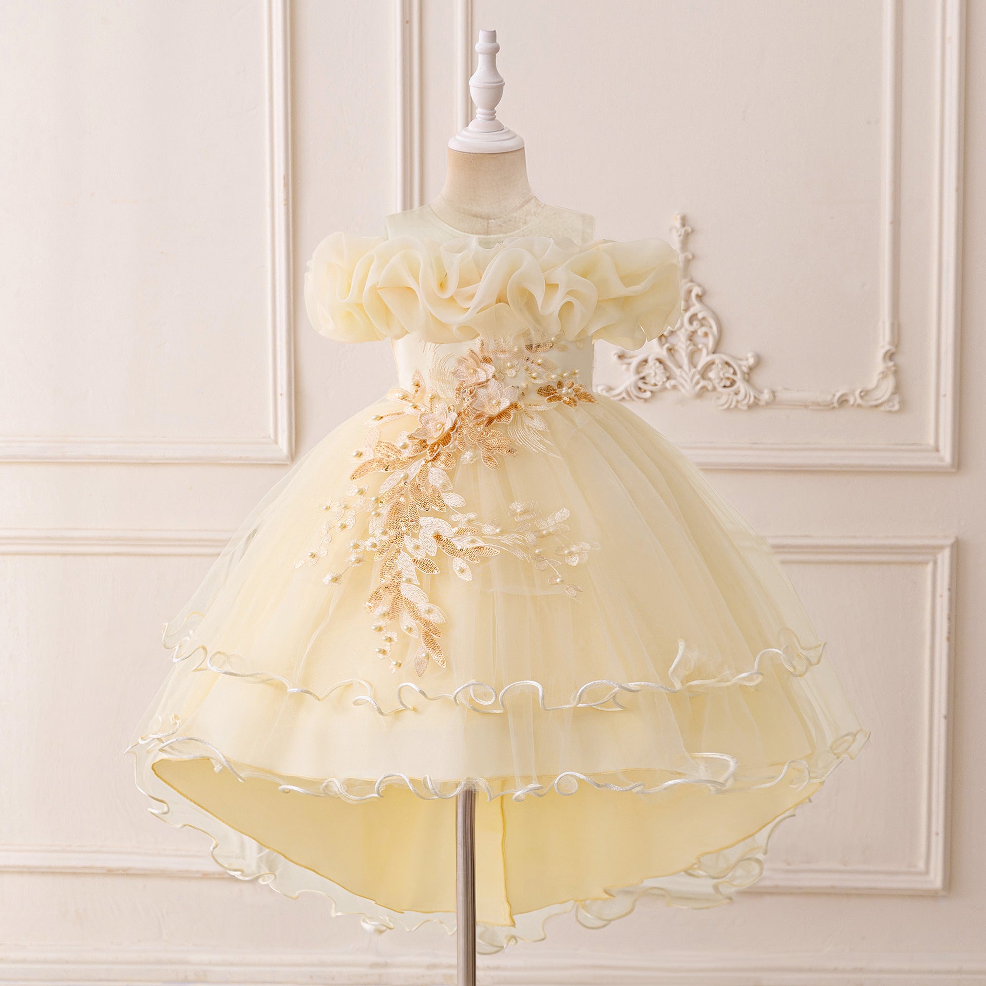 Children's Formal Dress with Train, Flower Girl Wedding Gown, Princess Tutu Tulle Dress, One-Shoulder Evening Gown